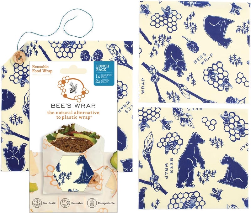 Bee's Wrap Beeswax Wraps for Food - Bees + Bears 3 Pack (2M 1 Sandwich) Made in USA Reusable & Organic Food Wraps, Sandwich Wrap - Eco-Friendly Alternative to Aluminum Foil & Plastic Wrap - Image 1